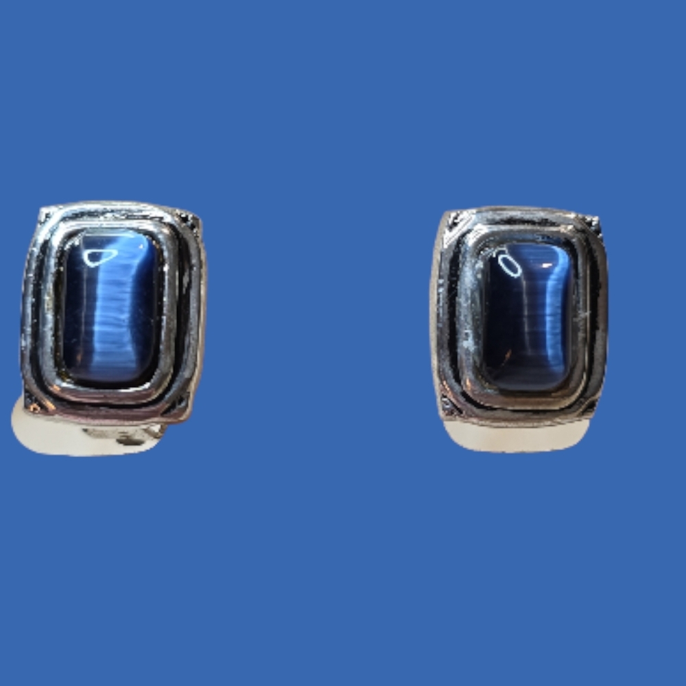 Silver and Blue Rectangular Clip Earrings